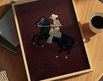 Cowboy Skeleton Bucking Bronco Wall Art Print | Vintage Western Gothic Decor