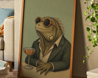 Dapper Iguana Cocktail Bar Cart Wall Art Print | Vintage Engraving Reptile Illustration Decor