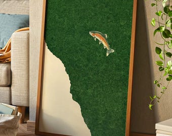 Lámina decorativa japonesa de trucha arcoíris para pared / Ilustración antigua de fauna salvaje