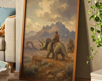 Cowboy Riding Triceratops Wall Art Print | Surreal Vintage Western Oil Painting Decor