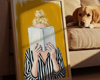 Lámina decorativa de pared con ilustración figurativa de una mujer rubia leyendo un libro / Decoración con ilustración figurativa llamativa