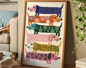 Dachshund Patterned Dog Lover Painting Wall Art Print | Retro Linocut Aesthetic decor