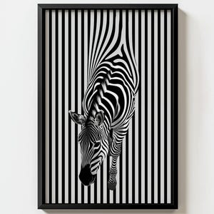 Impresión de arte mural con ilusión óptica de cebra / Decoración gráfica monocromática minimalista