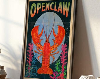 Stampa artistica da parete per appassionati di intelligenza artificiale e agenti di aragosta Openclaw / Decorazione grafica retrò con aragosta