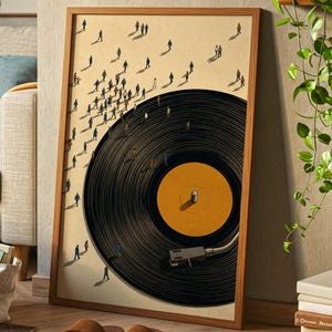 Retro Vinyl Record Miniature People Wall Art Print | Surrealist Mid Century Modern decor yellow