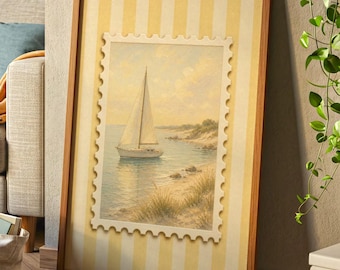 Sailboat Beach Stamp Striped Sailing Wall Art Print | Yellow Coastal Vintage Stripe decor
