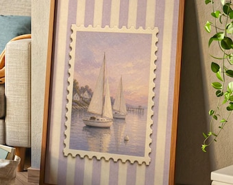 Coastal Sailboats Striped Sailing Wall Art Print | Vintage Nautical Lavender Stamp Decor