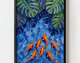 Monstera Plant Koi Pond Wall Art Print | Tropical Watercolor Botanical Decor