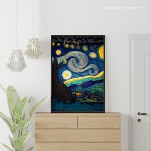 Starry Night Modern Rendition Poster- Vincent van Gogh art, classic art, oil-on-canvas painting, famous art rendition, starry night painting