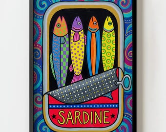 Lámina decorativa de pared con diseño retro de lata de sardinas de mediados de siglo / Decoración de cocina maximalista