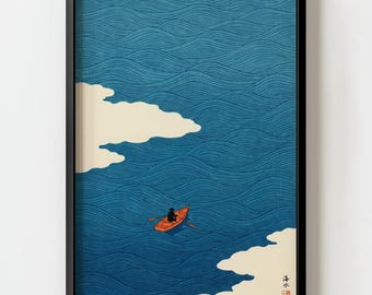 Japanese Wave Rower Sea Boat Wall Art Print | Minimalist Ukiyo-e Woodblock Decor