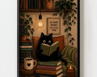 Cozy Cat Reading Art Print, Book Lover Gift, Black Cat Wall Art, Literary Cat Poster, Cute Cat Illustration, Dark Academia Aesthetic