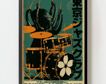 Tokyo Jazz Club Octopus Drummer Wall Art Print | Retro Japanese Graphic Decor
