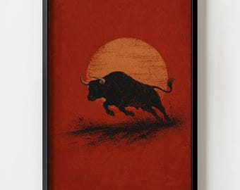 Charging Bull Wall Art Print, Vintage Red Western Poster, Rustic Cowboy Decor, Minimalist Bull Artwork, Farmhouse Ranch Wall Art