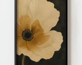 Modern Abstract Golden Anemone Line Wall Art Print | Japanese Woodblock Botanical decor