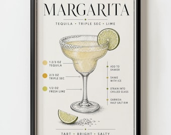 Margarita Cocktail Recipe Kitchen Wall Art Print | Technical Barcart Blueprint decor