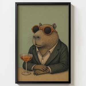 May include: Framed art print featuring a capybara wearing sunglasses and a suit, with a cocktail glass on a table. The illustration has a vintage style with a green background.