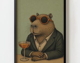 Capybara Cocktail Retro Bar Cart Wall Art Print | Vintage Anthropomorphic Illustration decor