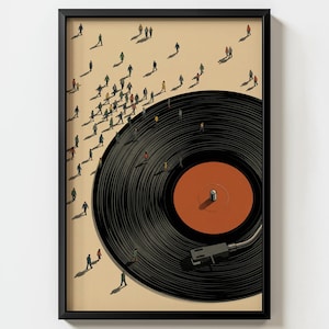 Retro Vinyl Record Miniature People Wall Art Print | Surrealist Mid Century Modern decor