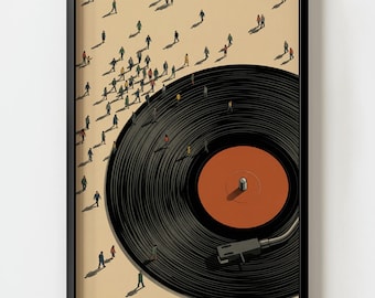 Lámina decorativa de pared con figuras en miniatura grabadas en vinilo estilo retro / Decoración surrealista de mediados de siglo