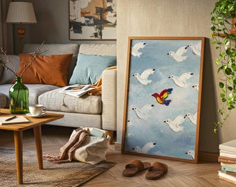 Summer Coastal Blue Abstract Colorful Bird Wall Art Print | Impasto Nautical Decor