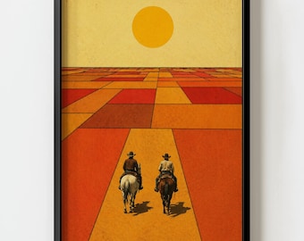Western Cowboys Traveling on Horses Wall Art Print | Geometric Retro Landscape decor