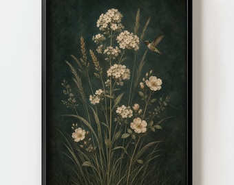 Cottagecore Emerald Green Wildflower Hummingbird Wall Art Print | Vintage Dark Academia Decor
