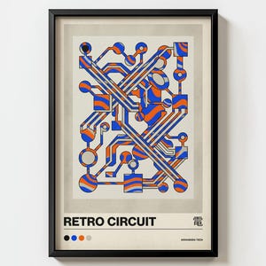 Retro Circuit Board Poster, Orange Blue Tech Wall Art