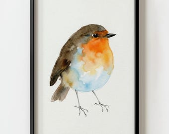 Cuadro decorativo de pared con acuarela de un petirrojo europeo regordete / Ilustración minimalista de aves