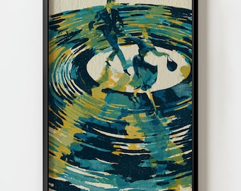 Couple Dancing on Record Watercolor Wall Art Print | Mid Century Modern Music Decor