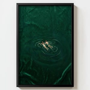 Emerald Pool Art Print, Couple Swimming Poster, Dark Academia Wall Art, Moody Green Decor, Romantic Wall Art, Serene Couple Print, Gift