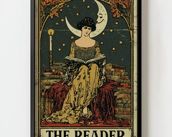 The Reader Tarot Card Book Lover Wall Art Print | Art Nouveau Dark Academia Occult Celestial decor