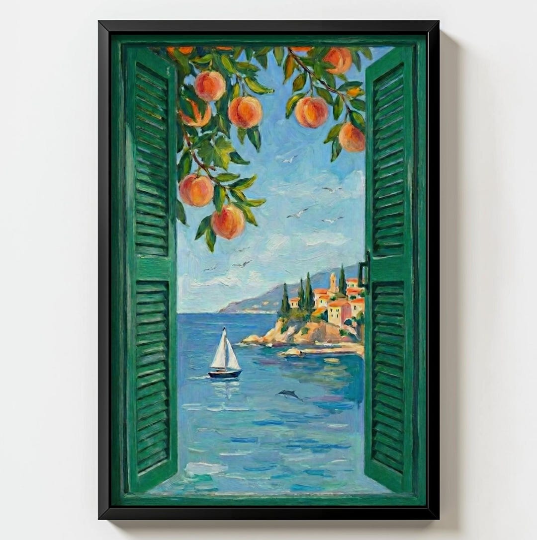 Coastal View, Open Window Wall Art, Italian Riviera Art Print, Sailboat ...