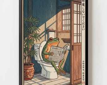 Frog Reading Newspaper On Toilet Wall Art Print | Japanese Ukiyo-e Woodblock Bathroom Decor