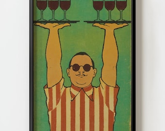 Vintage Waiter Funny Wine Glass Wall Art Print | Retro Mid Century Barware Decor