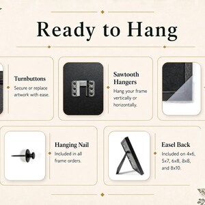May include: An informational graphic titled Ready to Hang displaying frame hardware including metal turnbuttons, sawtooth hangers, protective corner covers, a black hanging nail, and an easel back stand for 10x15, 13x18, 15x20, 20x20, and 20x25 cm frames.