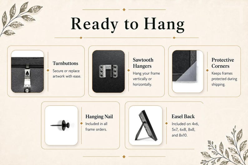 May include: An informational graphic titled Ready to Hang displaying frame hardware including metal turnbuttons, sawtooth hangers, protective corner covers, a black hanging nail, and an easel back stand for 10x15, 13x18, 15x20, 20x20, and 20x25 cm frames.