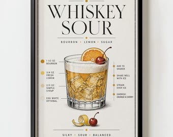 Whiskey Sour Cocktail Recipe Wall Art Print | Retro Bar Illustration Kitchen decor