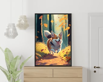 Happy Corgi - Digital Art Style Poster Print . Cute animal Poster, Wall Decor, Dog art for living room, bedroom or dorm, corgi lover gift