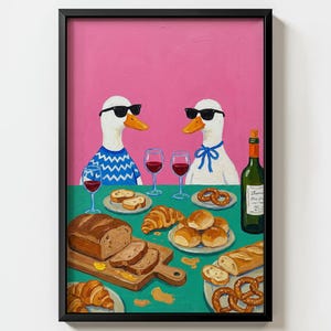 Duckling Wine and Bread Feast Wall Art Print | Colorful Maximalist Pop Art Decor