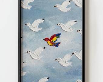 Zomer kust blauwe abstracte kleurrijke vogel muurkunst print | Nautisch decor van Impasto