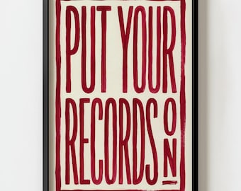 Impresión artística "Pon tus discos en la pared" / Decoración tipográfica con letras rojas a mano