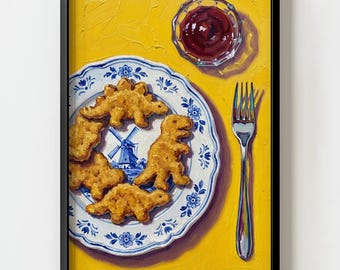 Dinosaur Nuggets with Ketchup Fine China Wall Art Print | Kitsch Still Life Decor