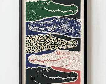 Impresión de arte mural con tótem de cabeza de cocodrilo / Ilustración gráfica japonesa