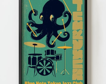 Tokyo Jazz Blue Note Octopus Drummer Wall Art Print | Mid Century Modern Graphic Decor