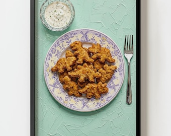 Dino Nuggets With Ranch Dressing on Fine China Wall Art Print | Kitsch Pop Art decor