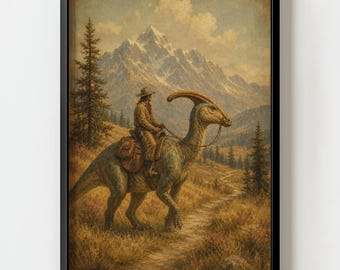 Vintage Cowboy Riding Dinosaur Wall Art Print | Western Oil Painting Decor