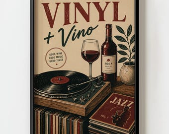Vinyl and Wine Wall Art, Retro Record Player Poster, Jazz Decor, Vintage Turntable Print, Music Lover Gift, Bar Cart Aesthetic