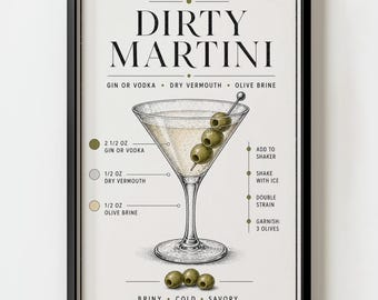 Dirty Martini Cocktail Recipe Wall Art Print | Vintage Barcart Kitchen Decor