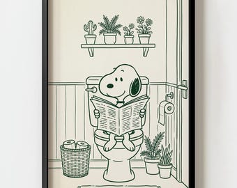 Lámina decorativa minimalista de Snoopy leyendo el periódico para el baño / Arte lineal de cómic